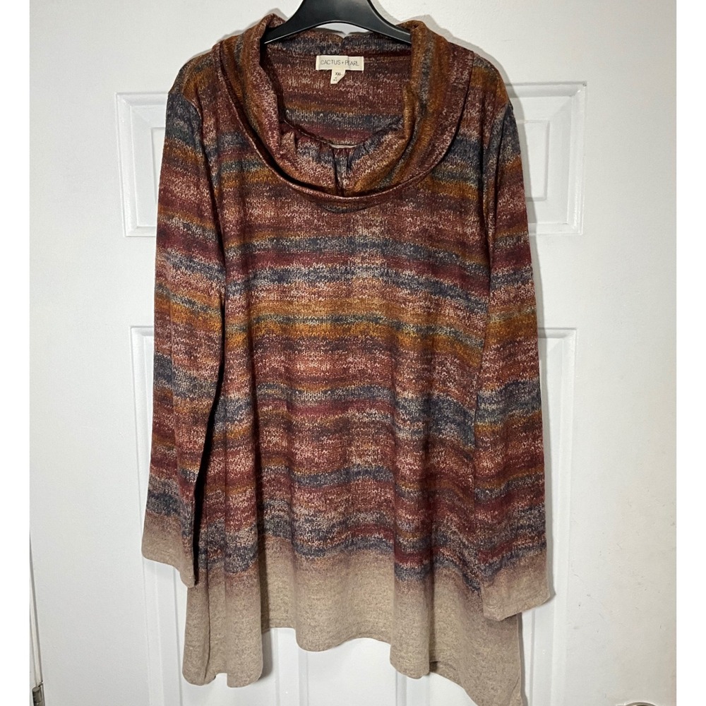 Cactus + Pearl Womens XXL Cowl Neck Tunic Top Space Dye Earthy Knit Long Sleeve